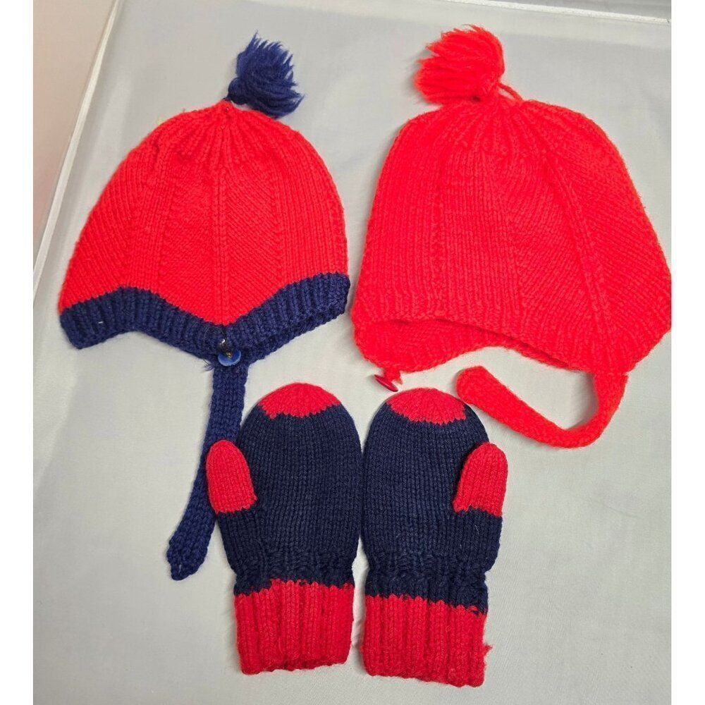 Red & Navy Baby Knit Hats With Pom-Poms & Mittens Set vintage Handmade